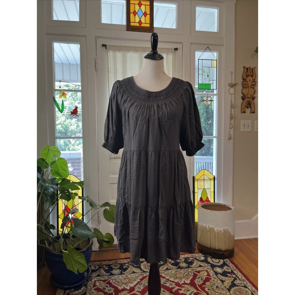 Old Navy M Tiered Midi Gray Dress Smocked Pockets Cottage Prairie Boho Sundress
